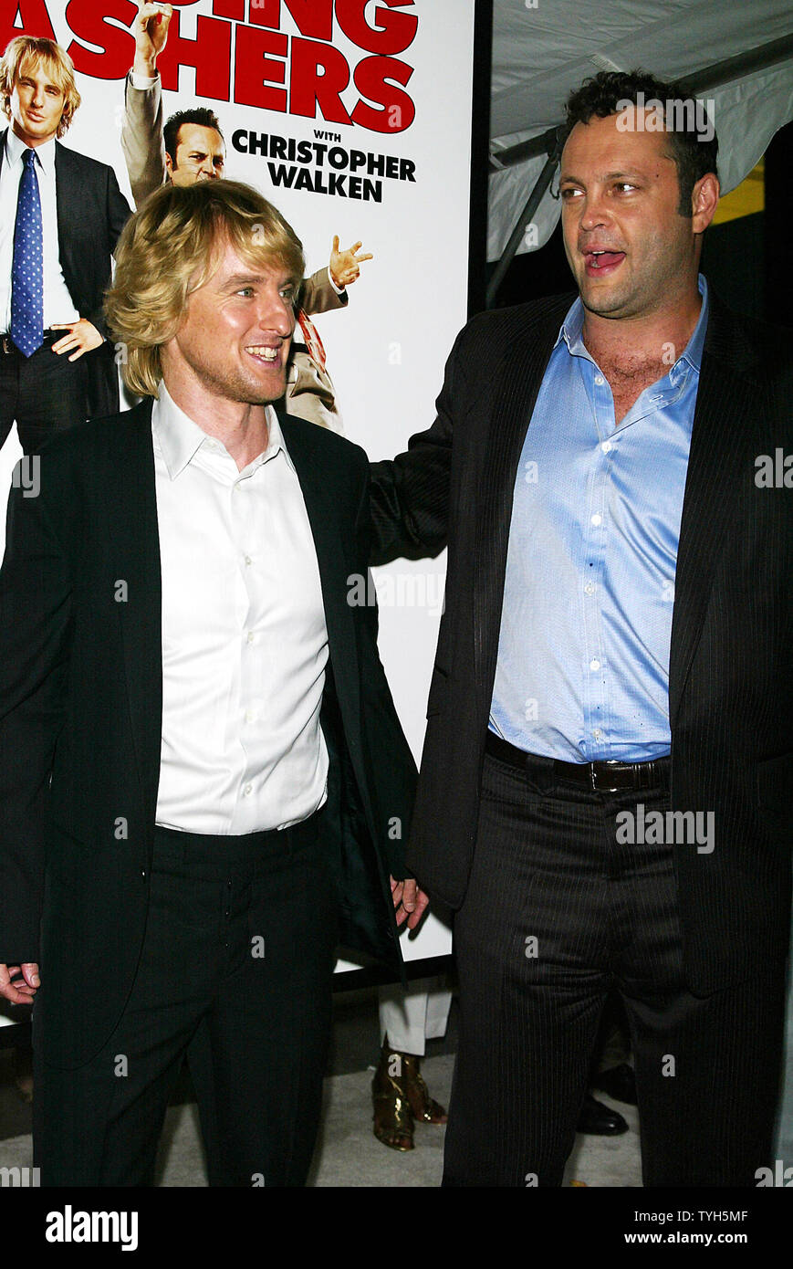 Owen Wilson (left) and Vince Vaughn arrive for the premiere of their new movie 'Wedding Crashers' at the Ziegfeld Theater in New York on July13, 2005.   (UPI Photo/Laura Cavanaugh) Stock Photo
