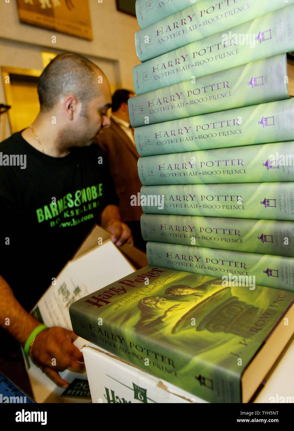Thousands of copies of 'Harry Potter and the Half-Blood Prince,'  which was released at midnight, are unboxed and ready to be purchased  on July 15, 2005 in New York City. Thousands of bookstores nationwide stayed open late for the anticipated midnight release of the sixth Harry Potter book of which 10.8 million copies have already been printed. (UPI Photo/Monika Graff) Stock Photo