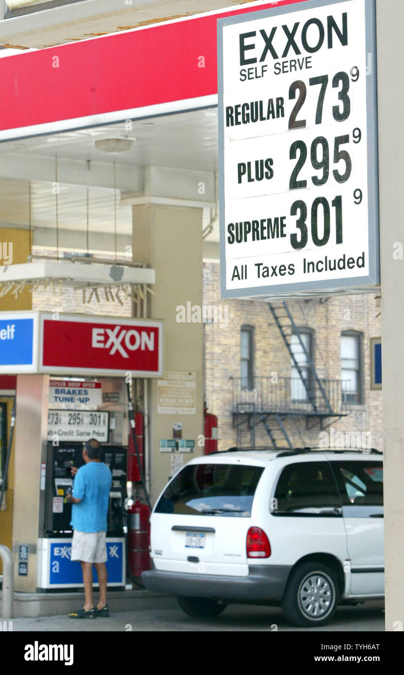 Premium gas sells for over $3 a gallon at a Upper West Side gas station as crude oil prices hover just under $66 a barrel on August 11, 2005 in New York City.  (UPI Photo/Monika Graff) Stock Photo