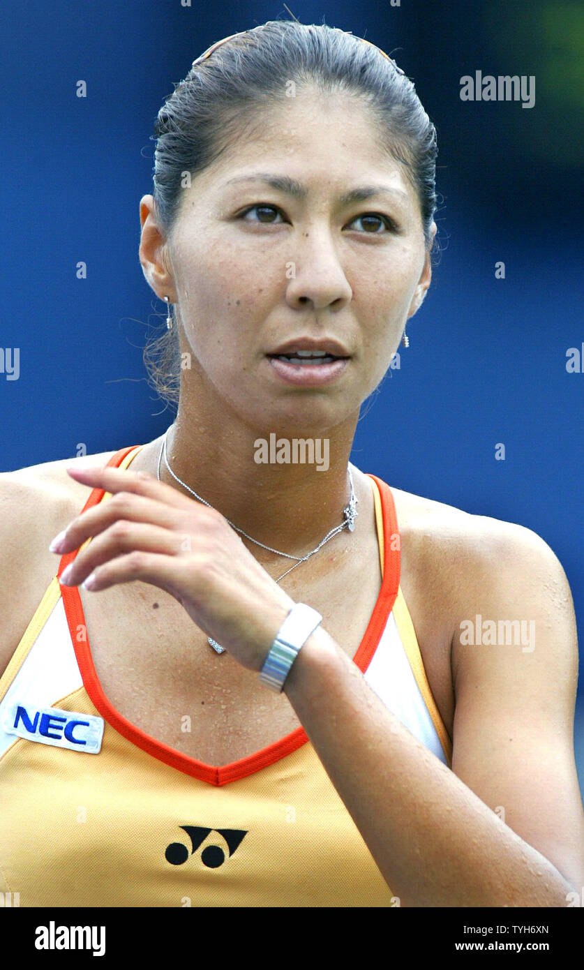 Shinobu Asagoe of Japan plays Stephanie Cohen-Aloro of France and goes on to defeat her 6-1,6-4 at the US Open held at the National Tennis Center on August 30, 2005.      (UPI Photo/Monika Graff) Stock Photo