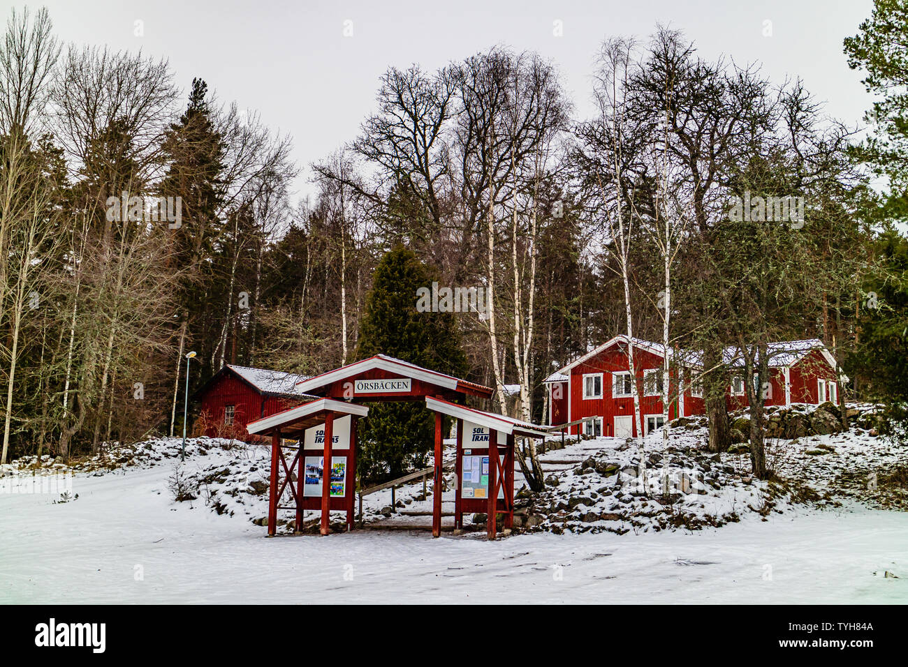 The Orsbacken clubhouse for SOL Tranas, a skiing and orienteering club in the Illernomradet Nature Reserve, Tranas, Smaland, Sweden. January 2019. Stock Photo