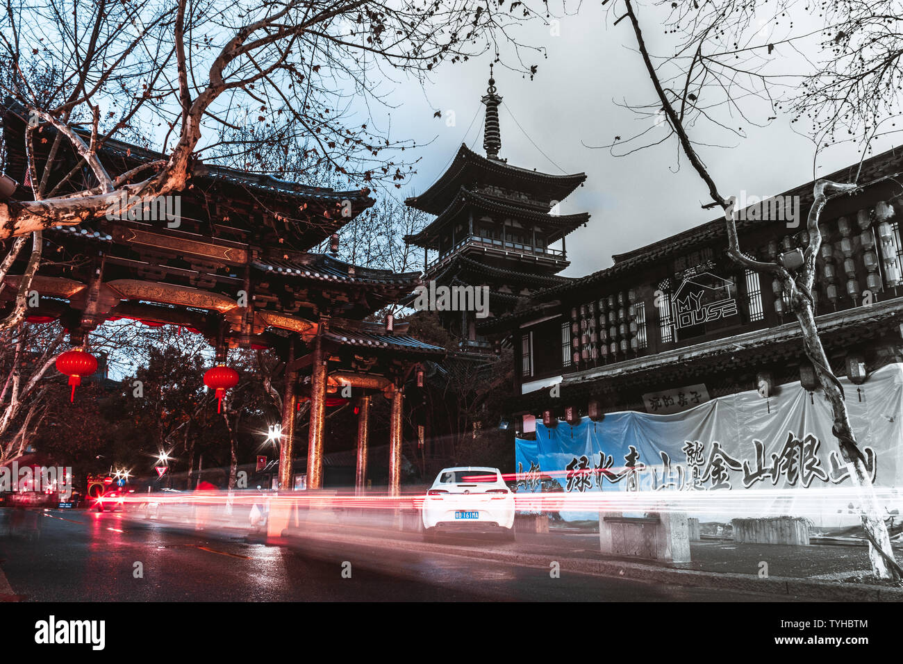 An intersection in front of Hefang Street in Hangzhou. Stock Photo