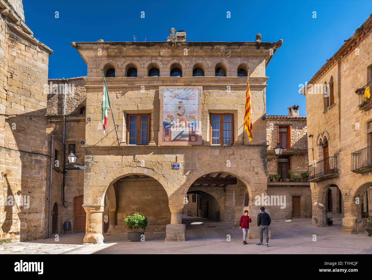 Ajuntament Horta de Sant Joan, town hall at Placa de l'Esglesia, hilltown of Horta de San Juan, Terra Alta (Castellania) wine region, Catalonia, Spain Stock Photo
