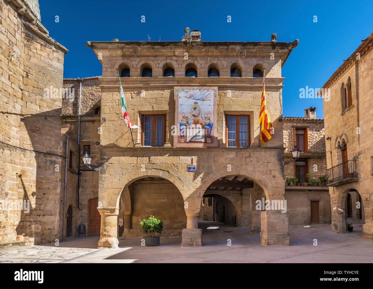 Ajuntament Horta de Sant Joan, town hall at Placa de l'Esglesia, hilltown of Horta de San Juan, Terra Alta (Castellania) wine region, Catalonia, Spain Stock Photo