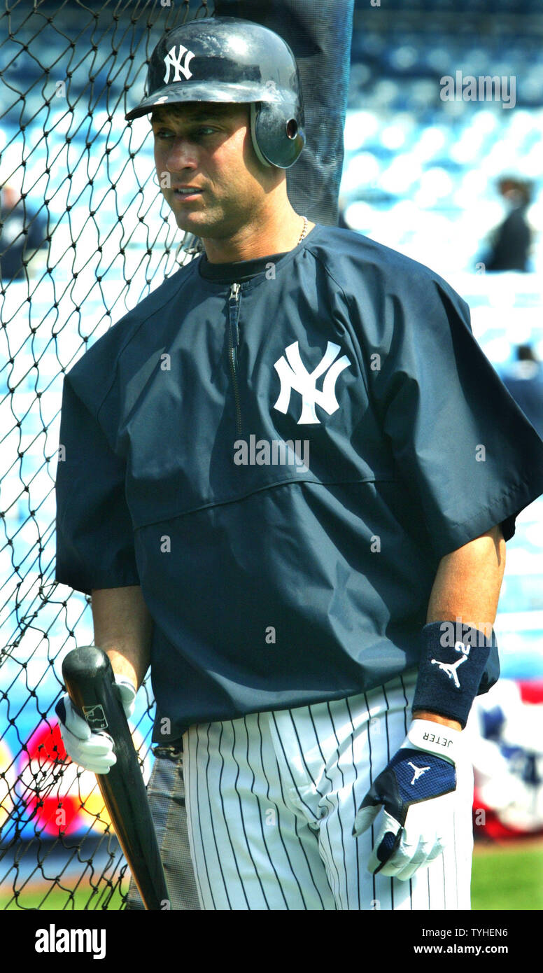 Derek Jeter, shortstop for the New York Yankees, takes batting practice  before the Yankee's home opener against the Kansas City Royals at Yankee  Stadium in New York City on April 11, 2006. (