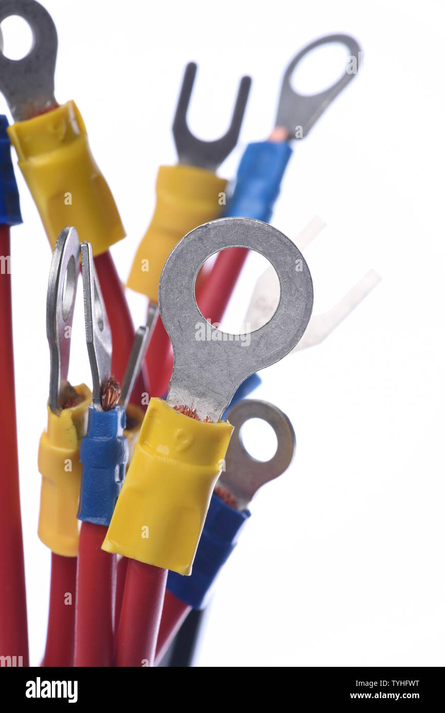 Electric cables with cable lugs isolated on white background close-up Stock Photo