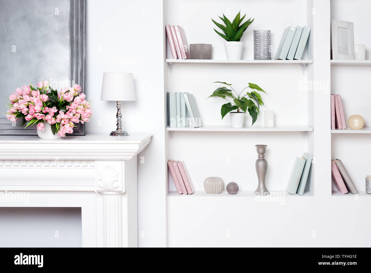 Light Luxury Interior With Fireplace And Flowers Shelves With