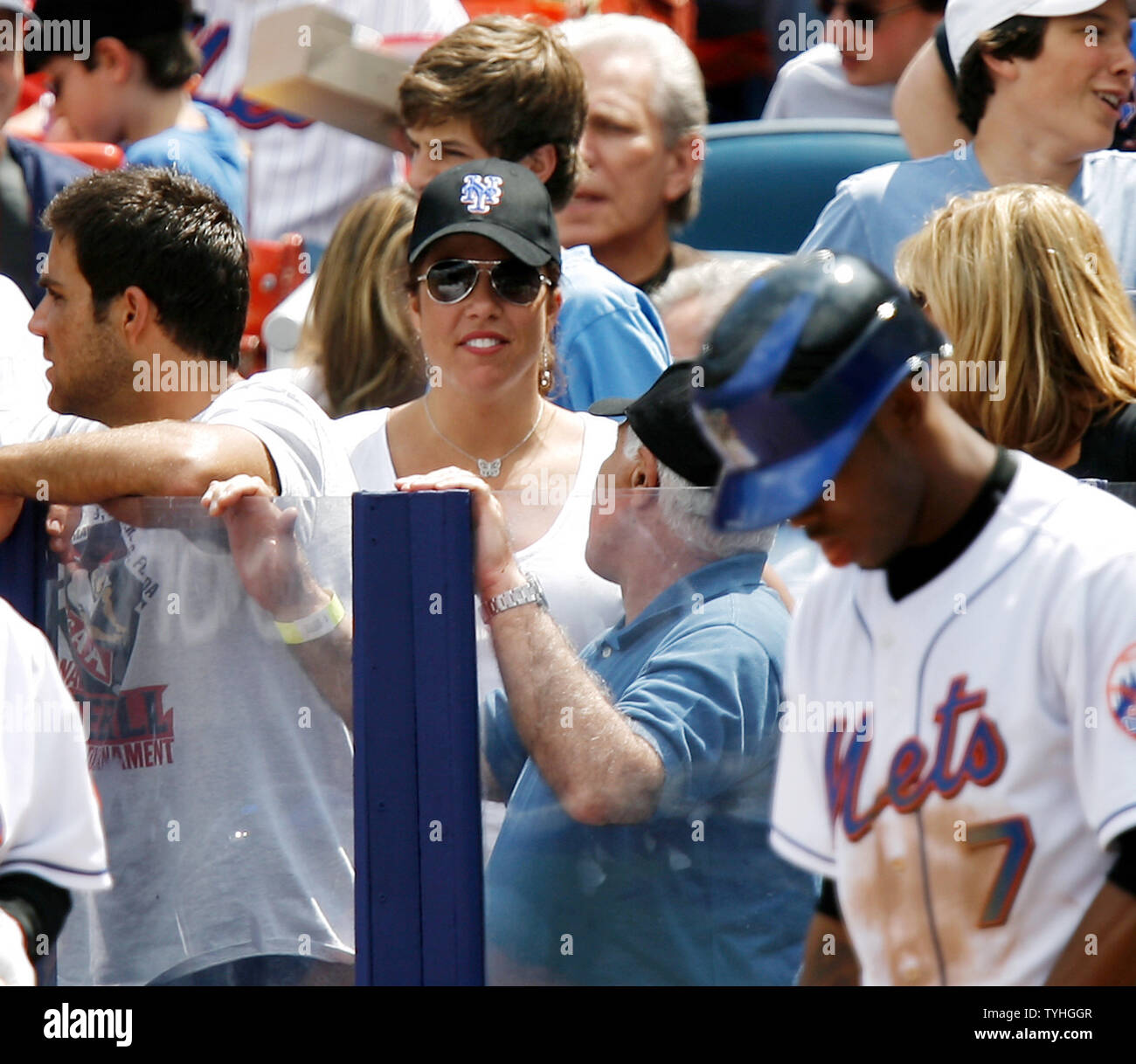 Jennifer Capriati smiles while wearing aNew York Mets hat at Shea Stadium  in New York City on May 20, 2006. The New York Mets host the New York  Yankees. (UPI Photo/John Angelillo