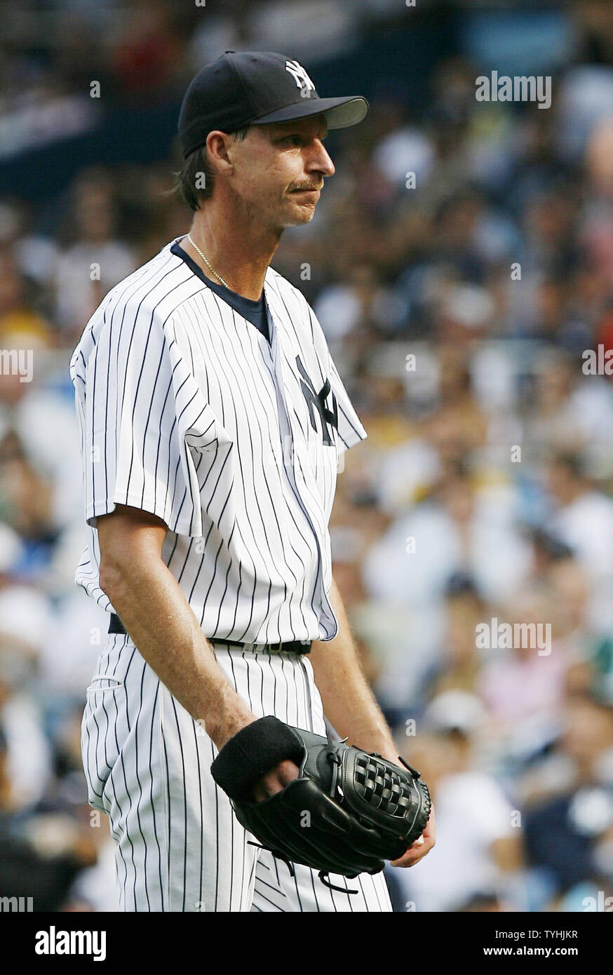 New York Yankees Randy Johnson gives a blank stare in the third inning at  Yankees Stadium in New York City on July 29, 2006. The Tampa Bay Devil Rays  visit the New