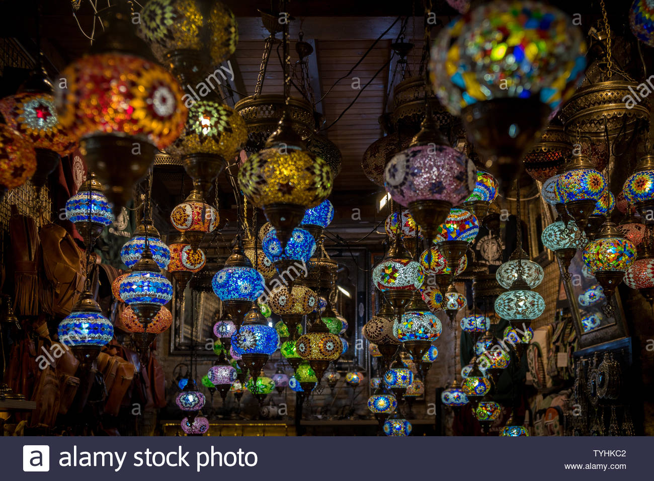 Eclectic Middle Eastern Mosaic Glass Lanterns Hanging From A