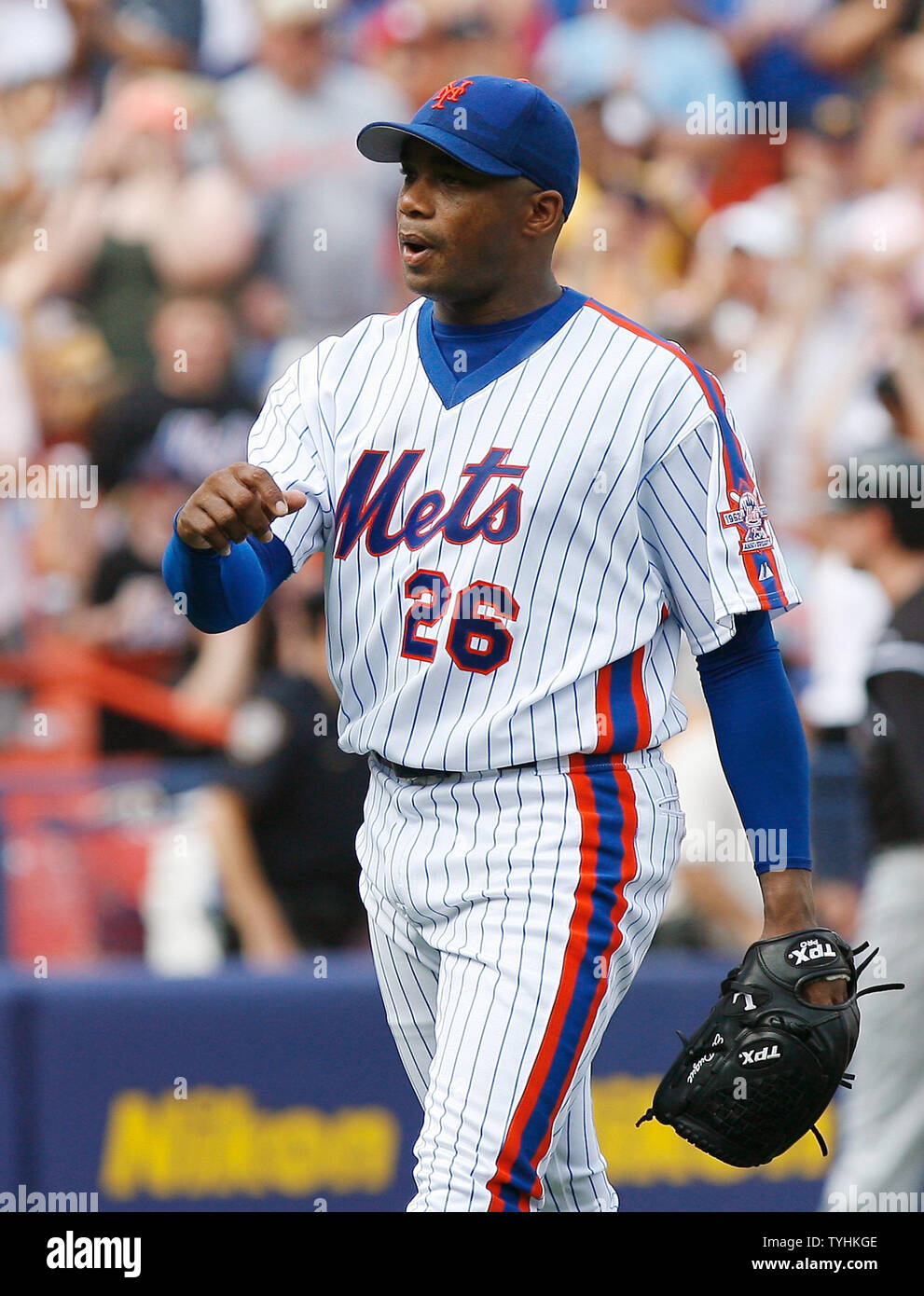 New York Mets Orlando Hernandez pumps his fist at the end of the