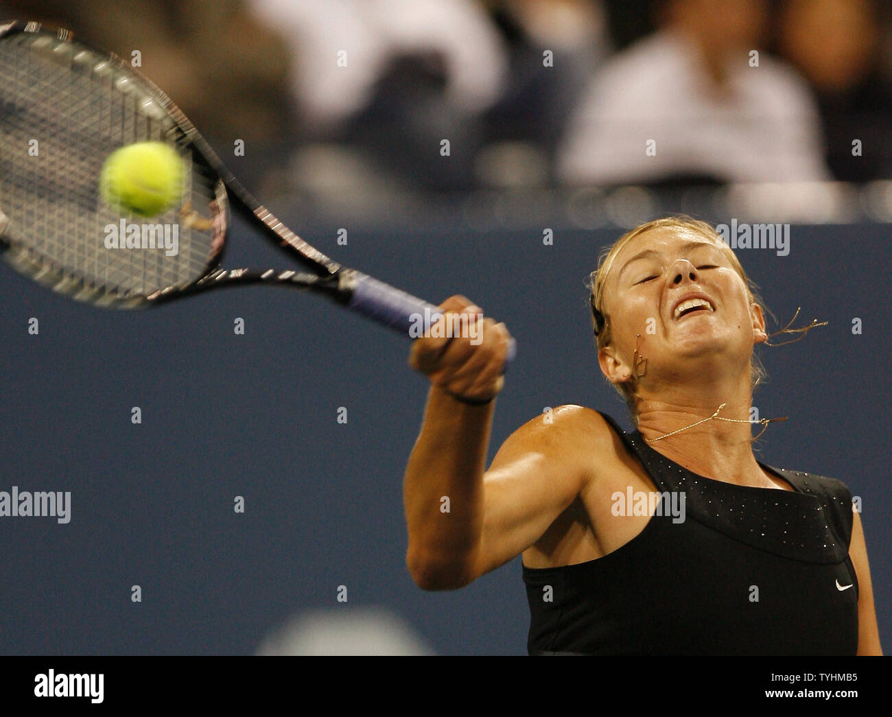 Maria Sharapova hits a forehand in her match against Elena Likhovtseva at the U.S. Open in Flushing Meadows, New York on September 3, 2006.  (UPI Photo/John Angelillo) Stock Photo