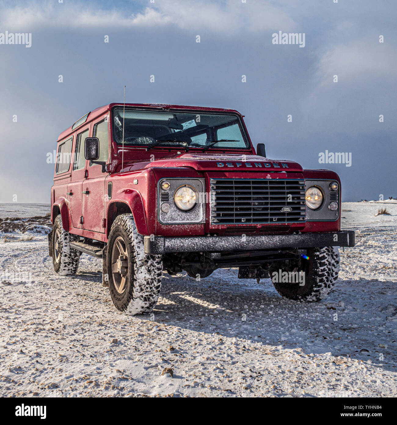 Land Rover Defender 110 XS Station Wagon in snow on North Yorkshire moors, UK. Stock Photo