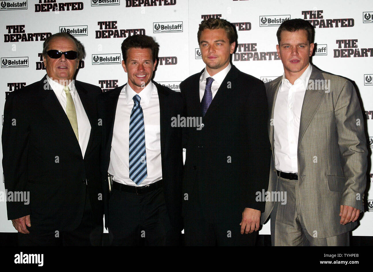 Left to right): Jack Nicholson, Mark Wahlberg, Leonardo DiCaprio and Matt  Damon arrive for the premiere of their new movie "The Departed" at the  Ziegfeld Theater in New York on September 26,