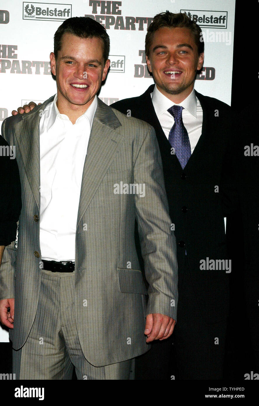 Matt Damon Left And Leonardo Dicaprio Arrive For The Premiere Of Their New Movie The Departed At The Ziegfeld Theater In New York On September 26 2006 Upi Photo Laura Cavanaugh Stock Photo