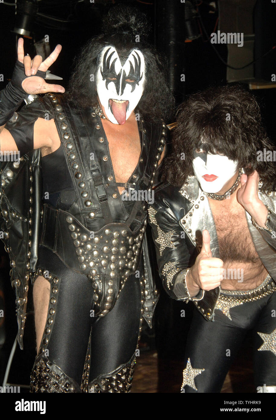 Gene Simmons and Paul Stanley (right) the lead front men for the band KISS  appear in full costume at a New York press conference to promo their  special 2 dvd box set