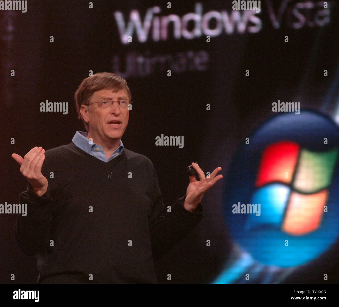 Microsoft CEO Bill Gates outlines the features for the new Microsoft Windows Vista and Windows Office during its media launch in New York City on January 29, 2007.  (UPI Photo/Ezio Petersen) Stock Photo