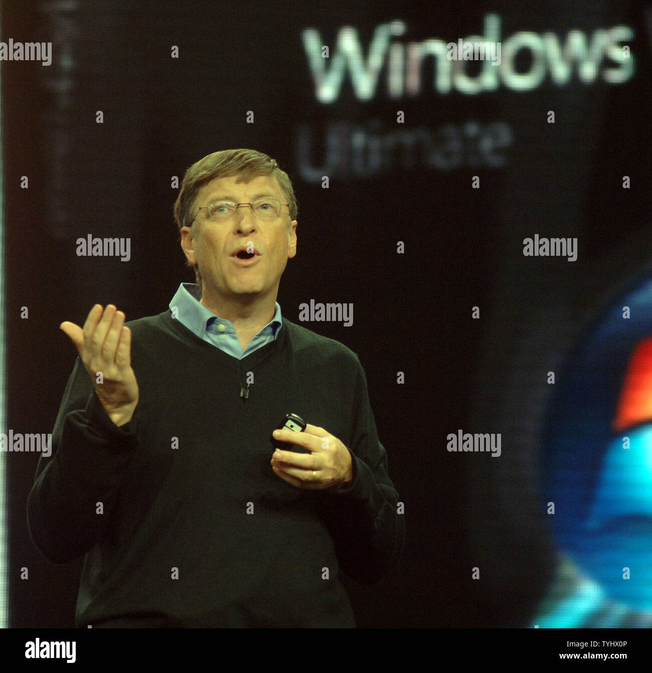 Microsoft CEO Bill Gates outlines the features for the new Microsoft Windows Vista and Windows Office during its media launch in New York City on January 29, 2007.  (UPI Photo/Ezio Petersen) Stock Photo