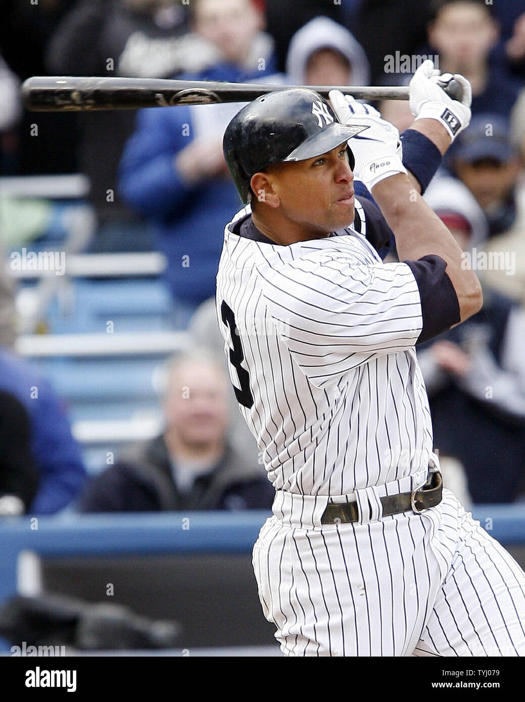 New York Yankees Alex Rodriguez watches the ball flight after hitting a grand slam in the bottom of the 9th inning at Yankees Stadium in New York City on April 7, 2007. The New York Yankees defeated the Baltimore Orioles 10-7.  (UPI Photo/John Angelillo) Stock Photo