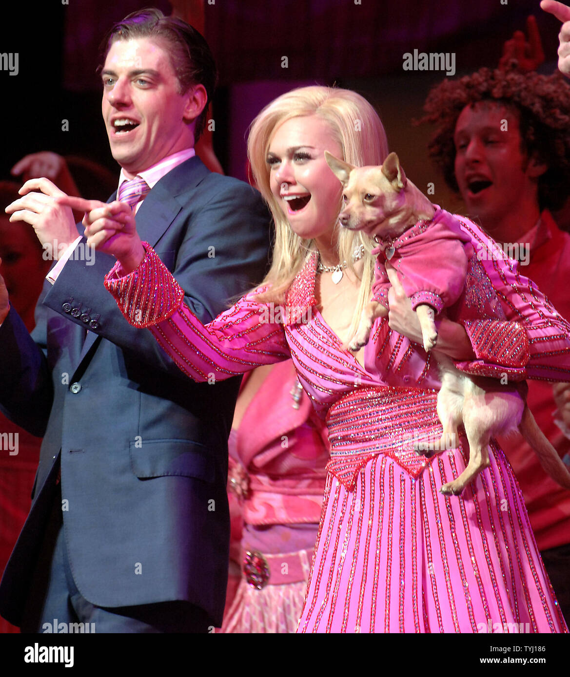 Actors Christian Borle and Laura Bell Bundy takes their opening night curtain call bows at New York's Palace theatre in the Broadway musical 'Legally Blonde' on April 29, 2007. The musical is based on the MGM film.  (UPI Photo/Ezio Petersen) Stock Photo