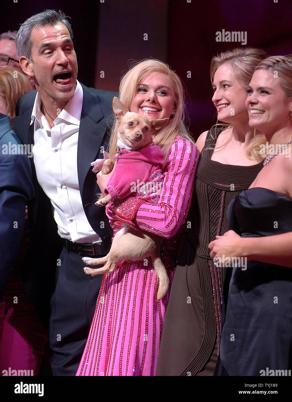 Director Jerry Mitchell and actress Laura Bell Bundy (left to right) plus cast take their opening night curtain call bows at New York's Palace theatre in the Broadway musical 'Legally Blonde' on April 29, 2007. The musical is based on the MGM film.  (UPI Photo/Ezio Petersen) Stock Photo