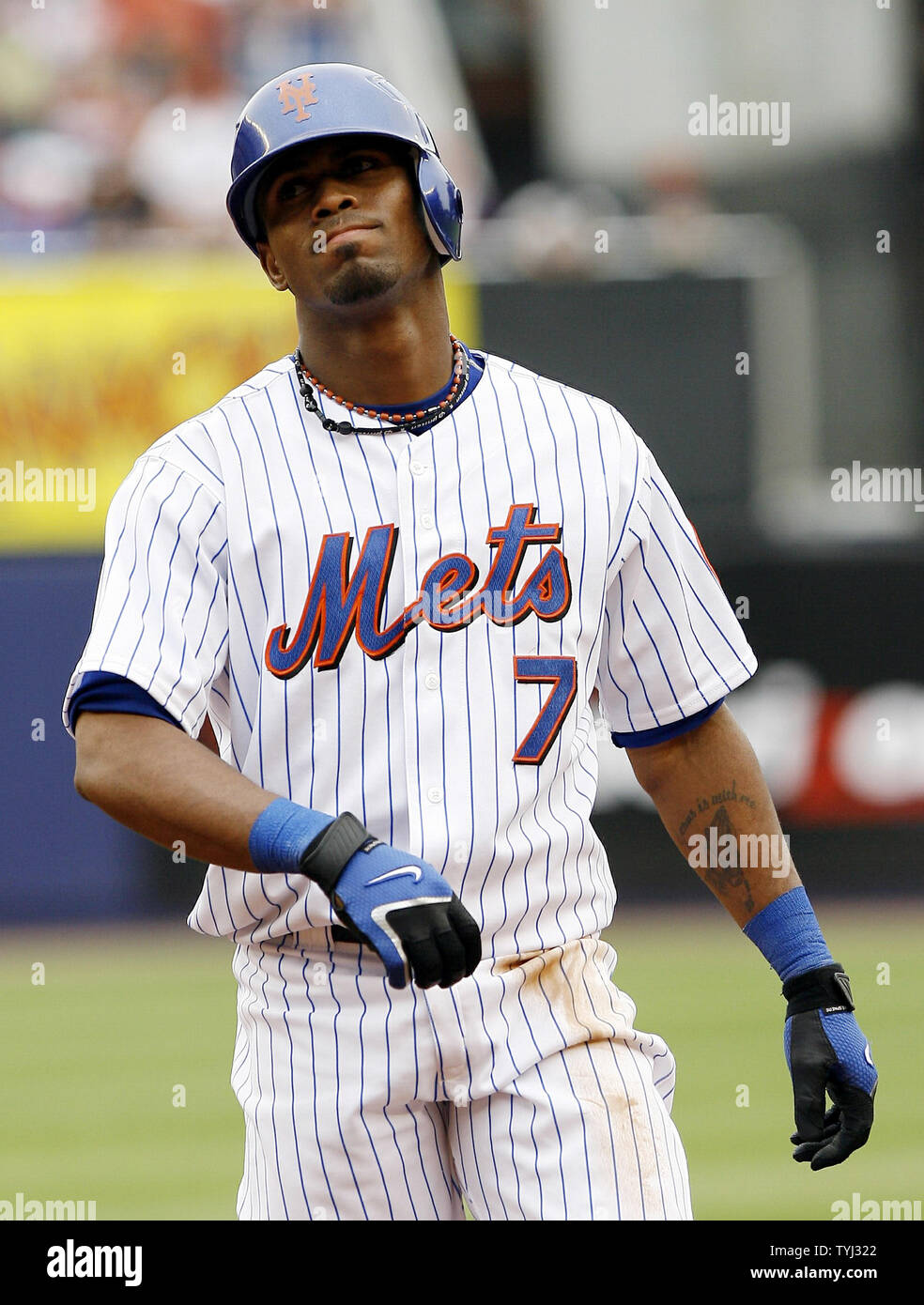 New York Mets Endy Chavez gets to first before St. Louis Cardinals Albert  Pujolos catches the baseball in the 3rd inning at Shea Stadium in New York  City on October 18, 2006.