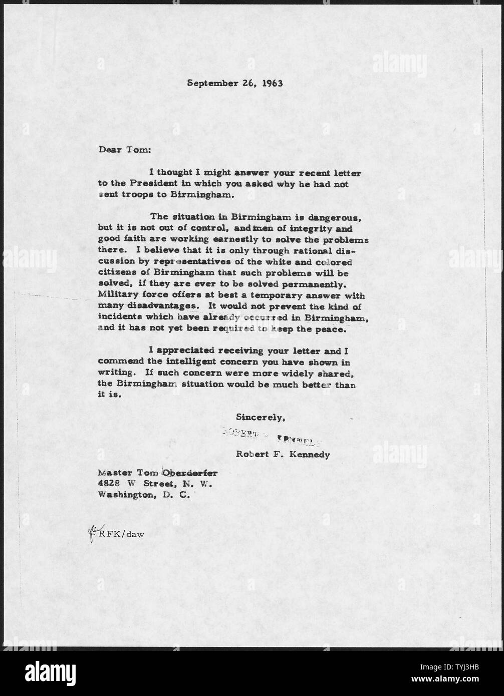Robert F. Kennedy Letter Birmingham, Alabama September 26, 1963; Scope and content:  Robert F. Kennedy's response to child's letter on stituation in Birmingham, Alabama. General notes:  Kennedy,John F. Stock Photo