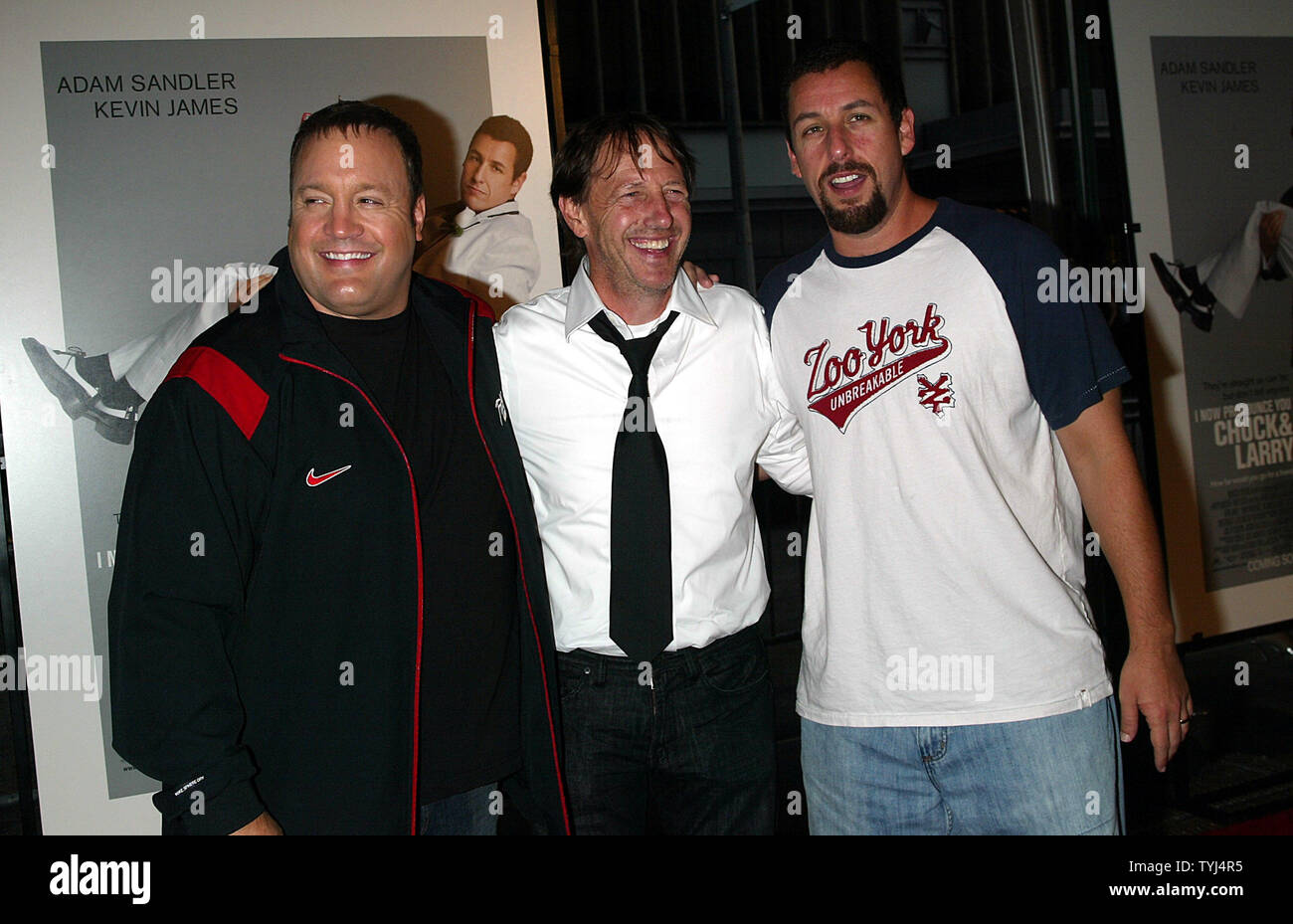 (L-R) Kevin James,  director Dennis Dugan, and Adam Sandler arrive for a special screening of their new movie 'I Now Pronounce You Chuck & Larry' at the Ziegfeld Theater in New York on July 18, 2007.  (UPI Photo/Laura Cavanaugh) Stock Photo