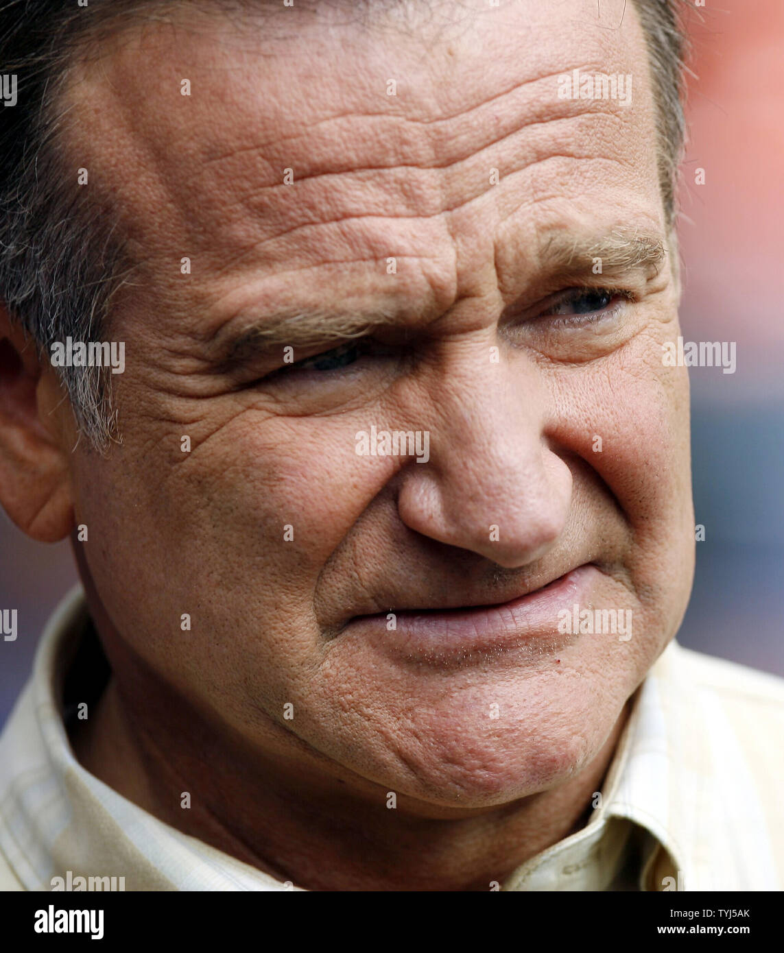 Robin Williams, seen in a file photo on the set while shooting the movie "Old Dogs" at Shea Stadium in New York City on July 26, 2007, died in Marin County, California on August 11, 2014. He was 63.     UPI/John Angelillo Stock Photo