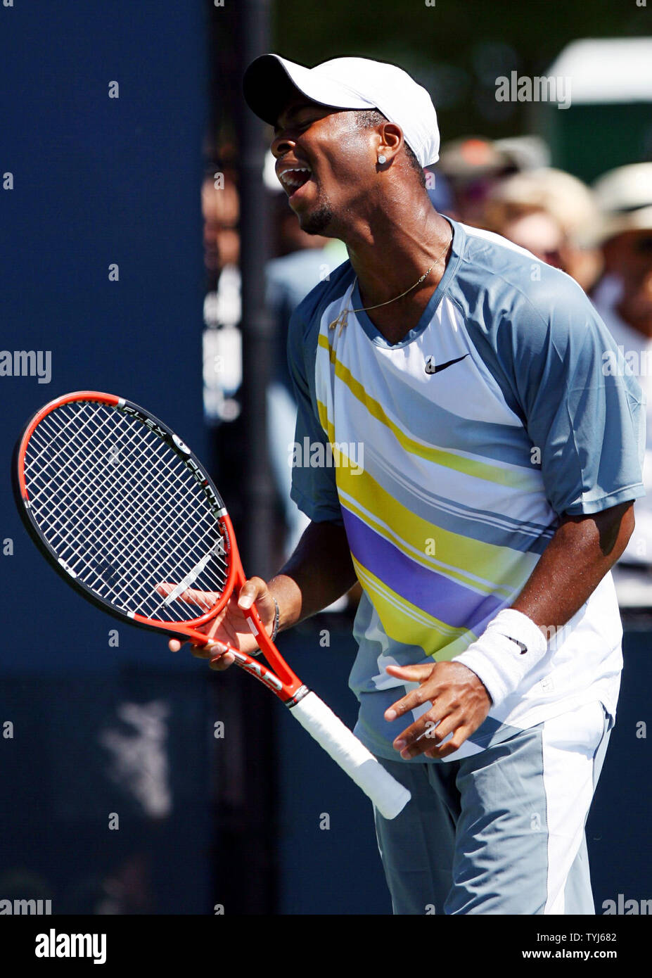 Donald Young reacts after a lost point in the first set of his match against Chris Guccione at the U.S. Open in New York City on August 27, 2007.  (UPI Photo/John Angelillo) Stock Photo
