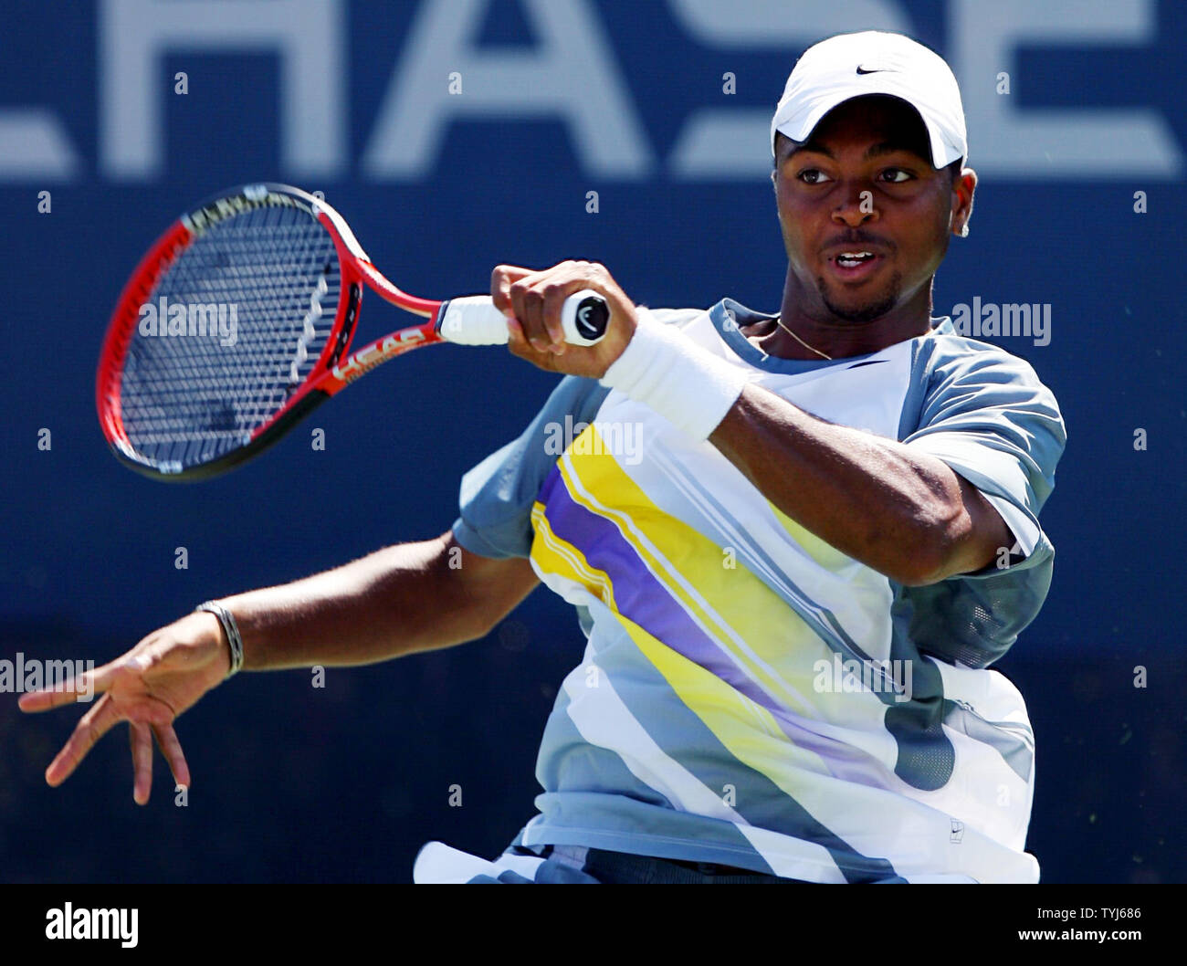 Donald Young follows through on a forehand  in the first set of his match against Chris Guccione at the U.S. Open in New York City on August 27, 2007.  (UPI Photo/John Angelillo) Stock Photo