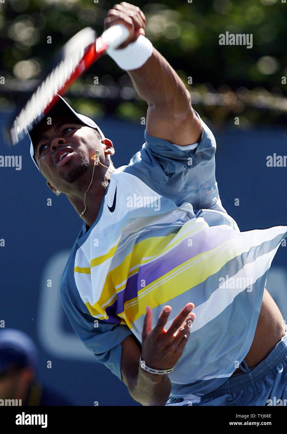 Donald Young hits a serve in the first set of his match against Chris Guccione at the U.S. Open in New York City on August 27, 2007.  (UPI Photo/John Angelillo) Stock Photo
