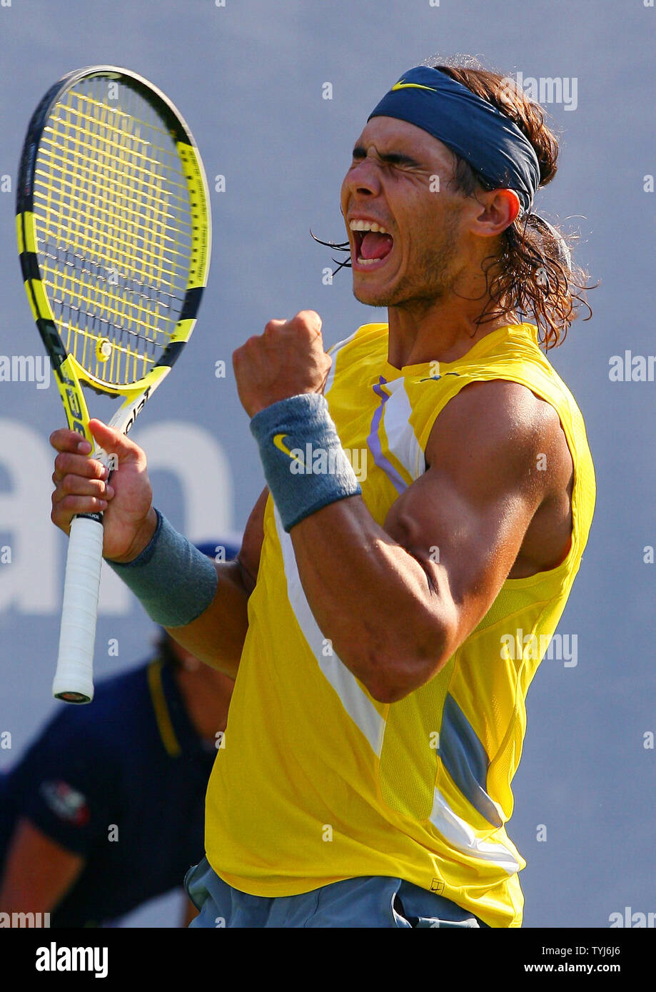Rafael Nadal Pumps his fist after winning the third set in his first round  straight sets defeat of Alun Jones during day 3 at the U.S. Open in New  York City on