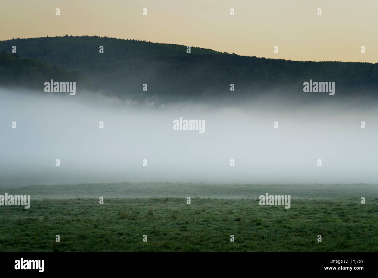 Foggy landscape, view of Bodenfelde, district of Northeim, Lower Saxony, Germany, Europe Stock Photo