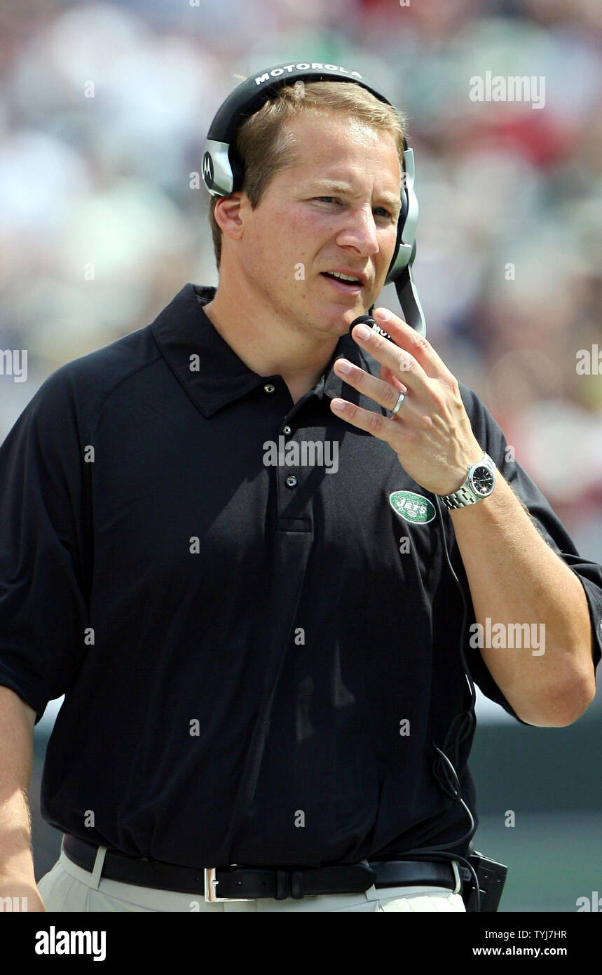New York Jets head coach Eric Mangini coaches from the sidelines in the  first half against the New England Patriots at Giants Stadium in East  Rutherford, New Jersey on September 9, 2007. (