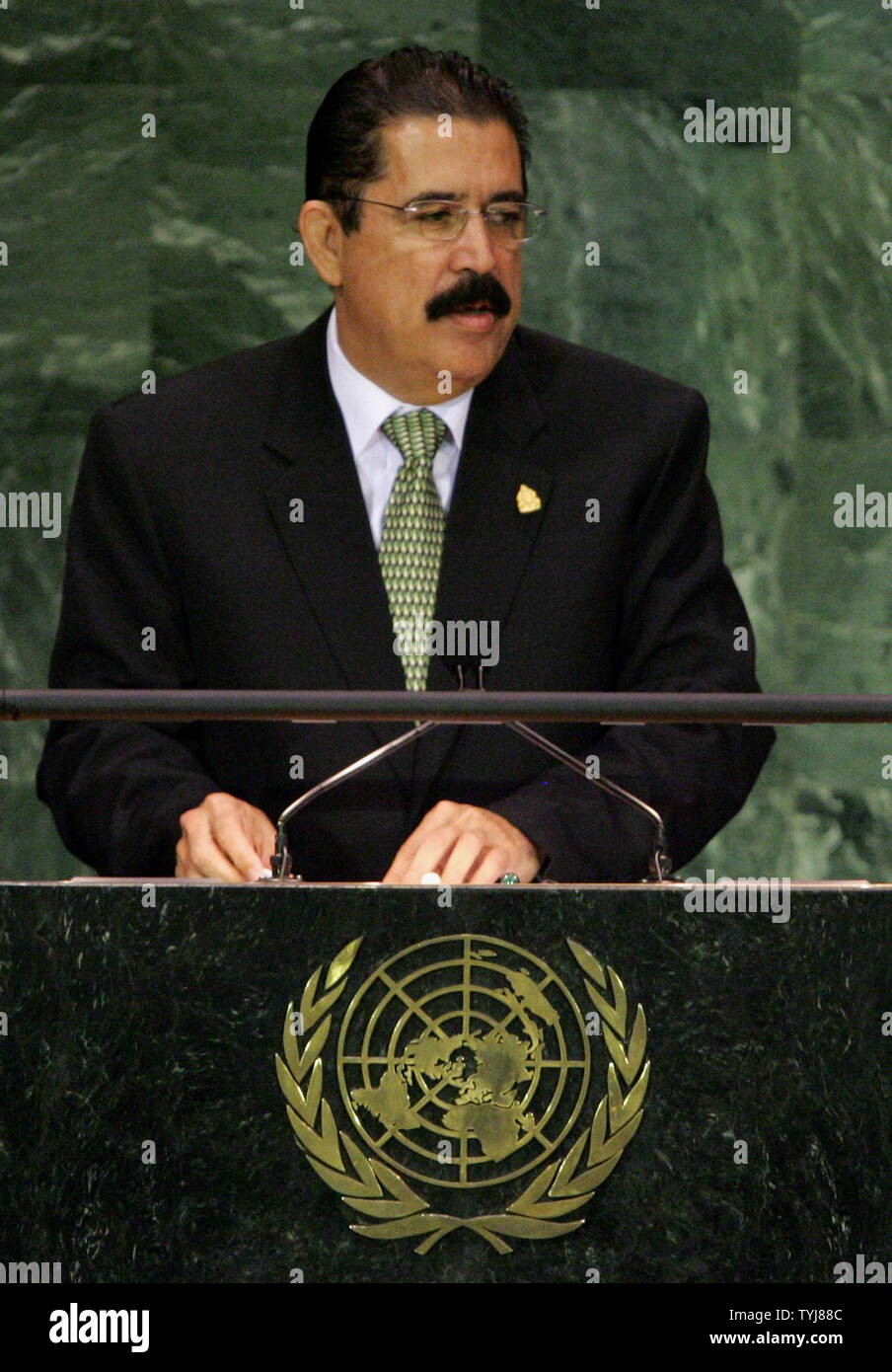Honduras President Manuel Zelaya Rosales addresses the 62nd General Assembly at the United Nations on September 25, 2007 in New York City. (UPI Photo/Monika Graff) Stock Photo