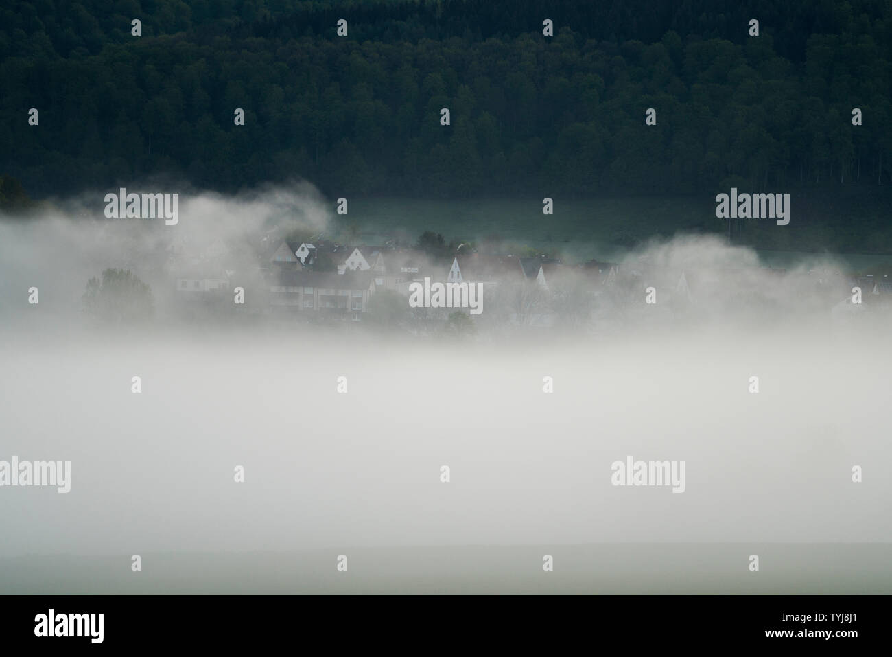 Foggy landscape, view of Bodenfelde, district of Northeim, Lower Saxony, Germany, Europe Stock Photo