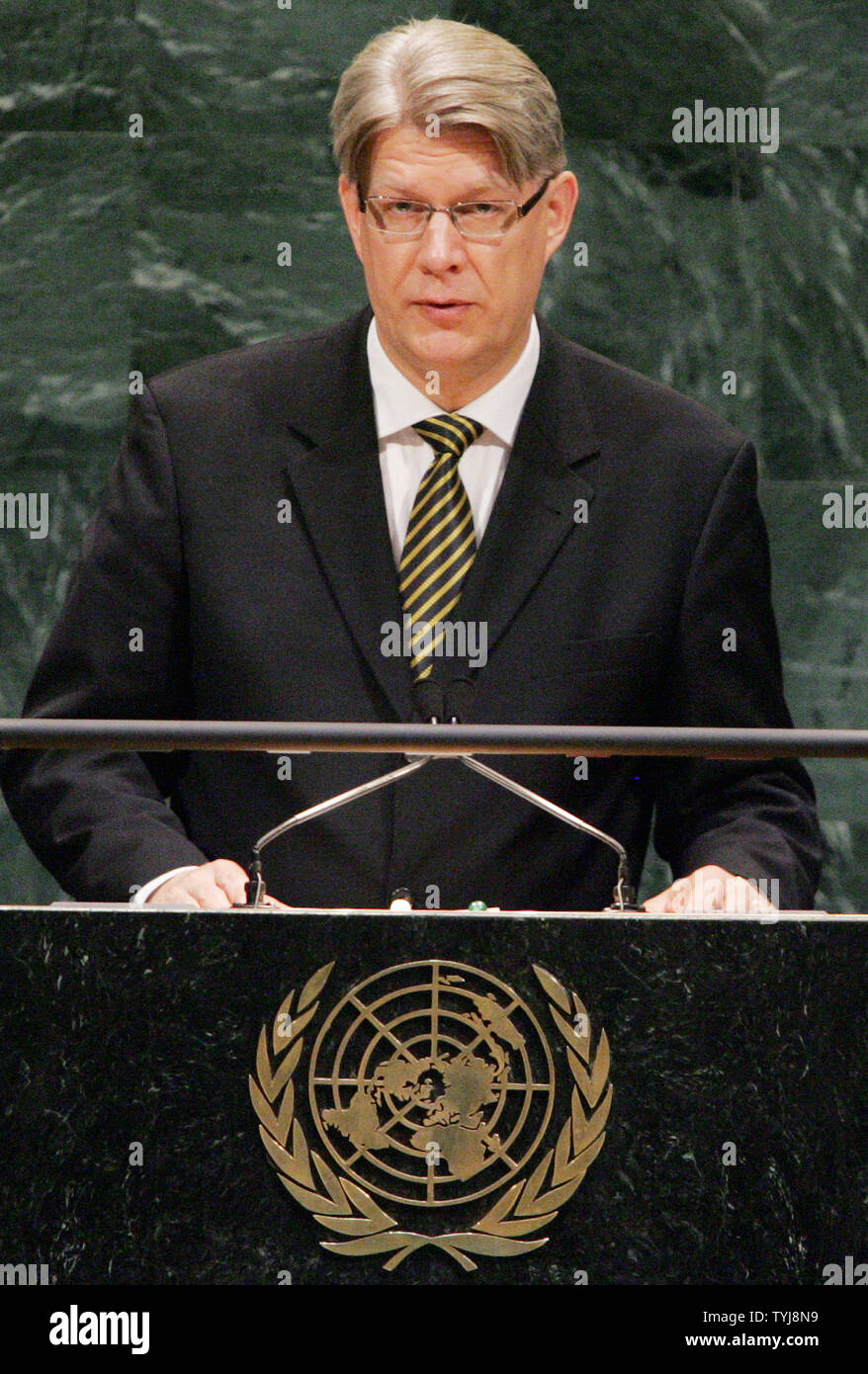 Valdis Zatlers, president of Latvia, addresses the 62nd General Assembly at the United Nations on September 26, 2007 in New York City. (UPI Photo/Monika Graff) Stock Photo