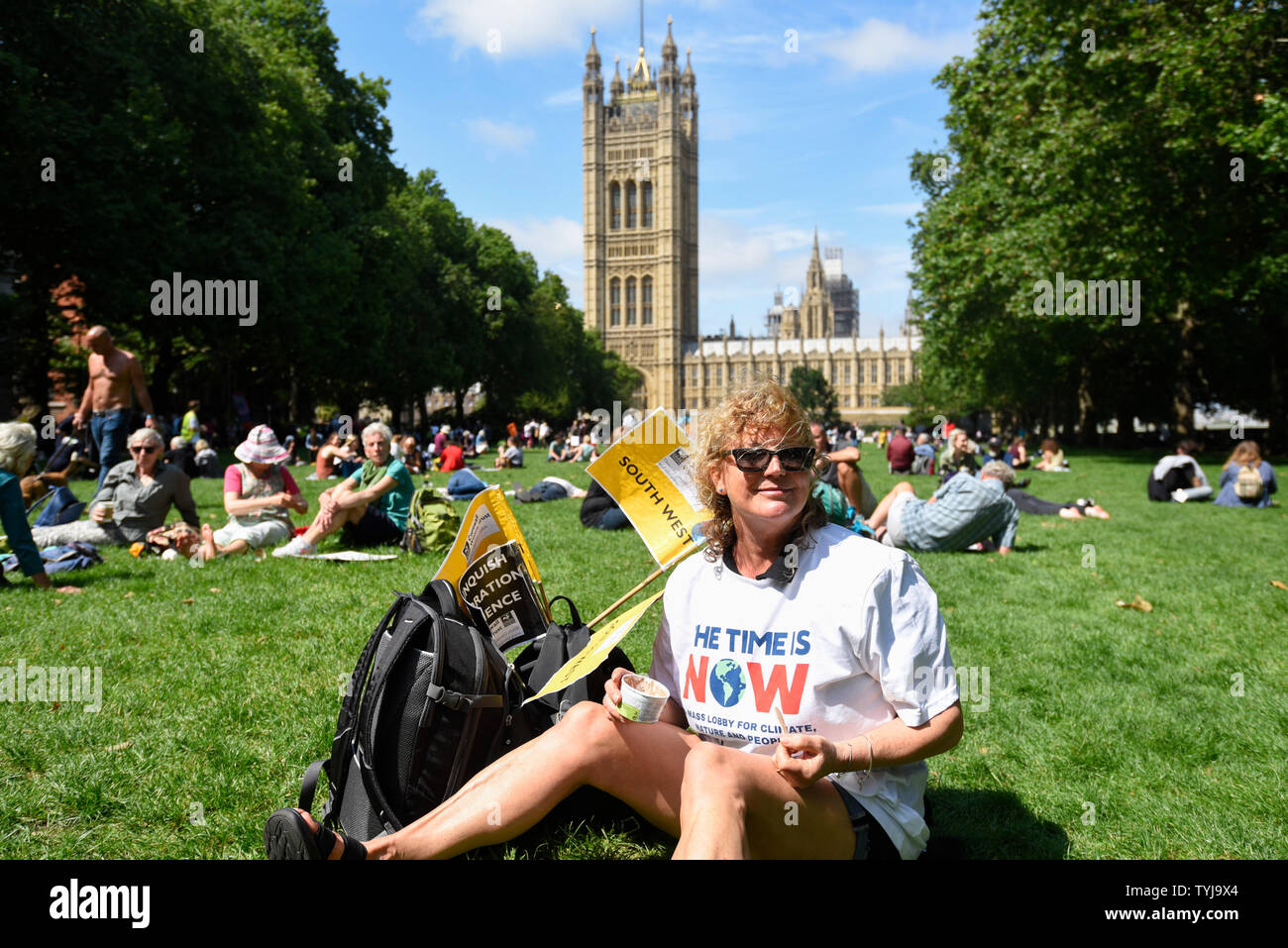 London, UK.  26 June 2019.   Kate Bone from Cornwall Wildlife Trust joins people in a 'Time Is Now' mass lobby around Parliament.  Activists are attempting to deliver a message to MPs that to tackle the environmental crisis, a strong Environment Bill is passed that can restore nature, cut plastic pollution and improve air quality.  Similar gatherings are taking place across the UK.  Credit: Stephen Chung / Alamy Live News Stock Photo
