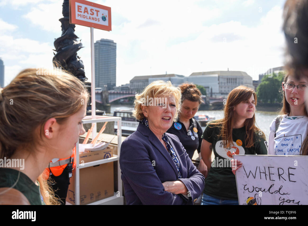 London, UK.  26 June 2019.  Anna Soubry, MP for Broxtowe in Nottinghamshire, meets people taking part in a 'Time Is Now' mass lobby around Parliament.  Activists are attempting to deliver a message to MPs that to tackle the environmental crisis, a strong Environment Bill is passed that can restore nature, cut plastic pollution and improve air quality.  Similar gatherings are taking place across the UK.  Credit: Stephen Chung / Alamy Live News Stock Photo