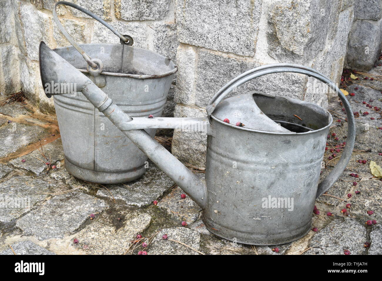Old watering can and bucket in the garden Stock Photo