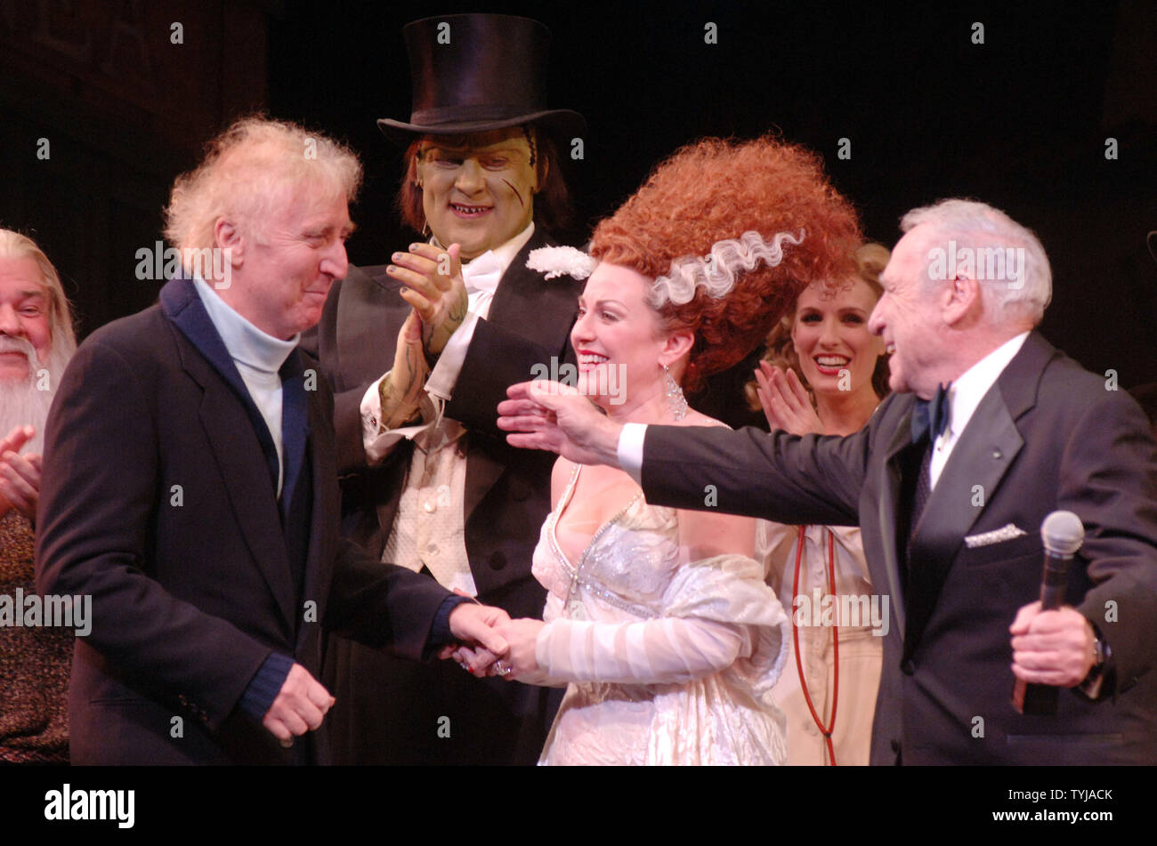 Actor Gene Wilder (L) who starred in the movie Young Frankenstein joins the  theater cast:Shuler Hensley, Megan Mullally, Sutton Foster and Mel Brooks  (L to R) during the opening night curtain call, image size:1300x951