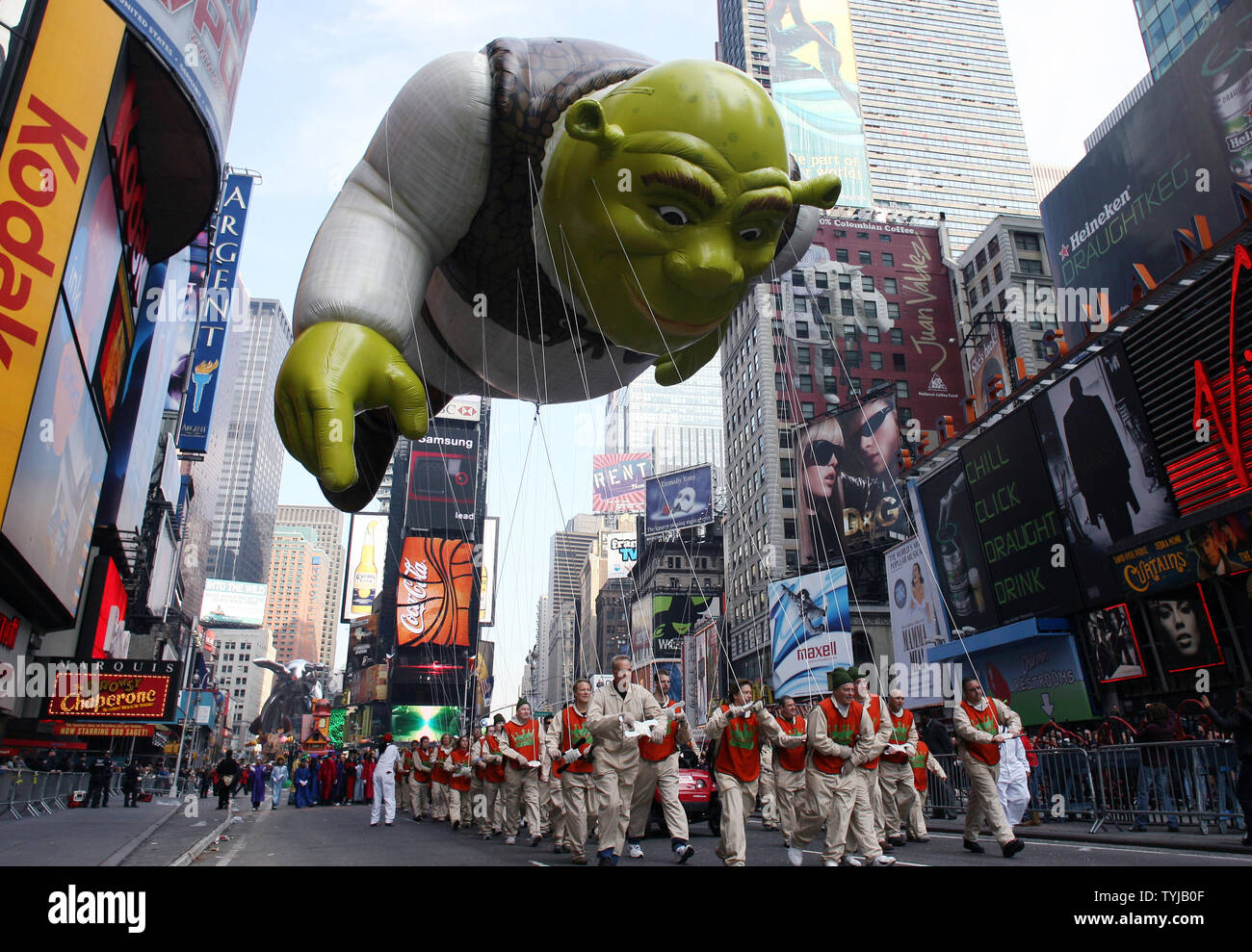 The giant Shrek balloon floats down to Herald Square during the Macy's 81st  Annual Thanksgiving Day Parade in New York City on November 22, 2007. (UPI  Photo/John Angelillo Stock Photo - Alamy