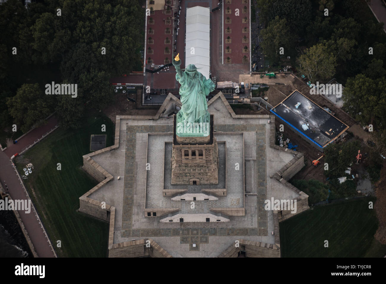 Statue of Liberty from above, New York View of NY landmarks from helicopter tour Stock Photo