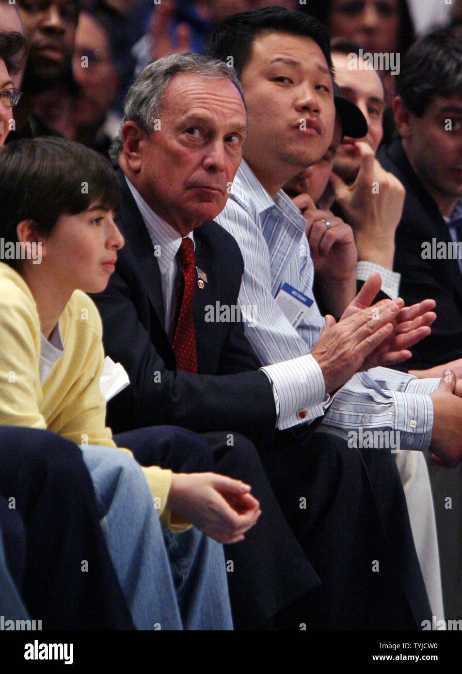 Mayor Michael Bloomberg watches the Houston Rockets play the New York ...