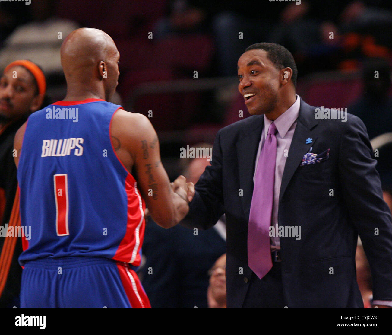 New York Knicks head coach Isiah Thomas greets Detroit Pistons Chauncey Billups before the game at at Madison Square Garden in New York City on January 13, 2008. The Knicks defeated the Pistons 89-65.      (UPI Photo/John Angelillo) Stock Photo