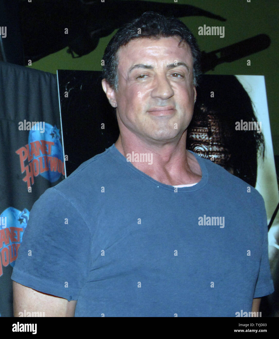 Actor Sylvester Stallone appears at Planet Hollywood in New York to present the bow and arrow that he used in his latest film "Rambo" on January 17, 2008. (UPI Photo/Ezio Petersen) Stock Photo