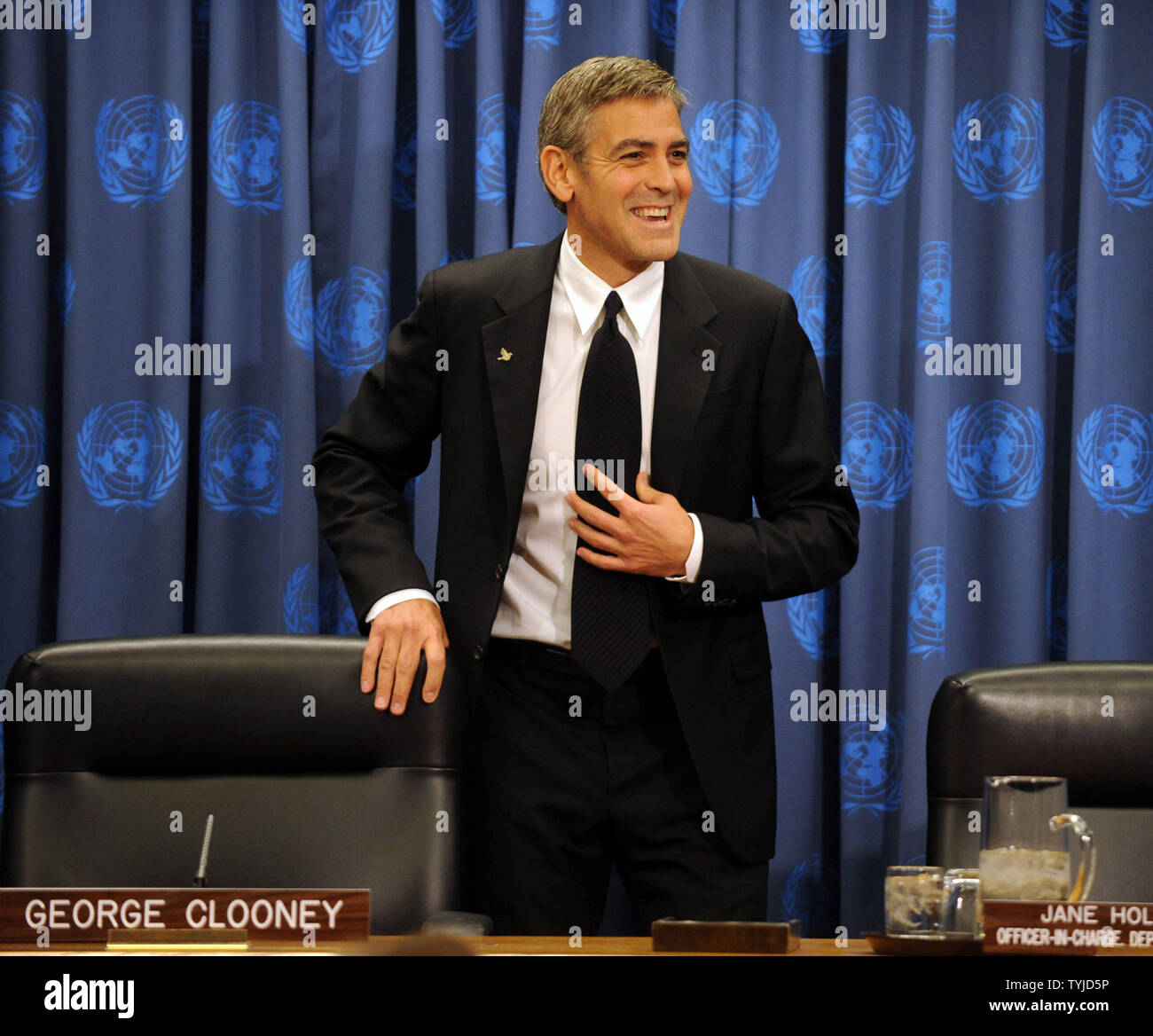 Actor Clooney meets the United Nations media after officially