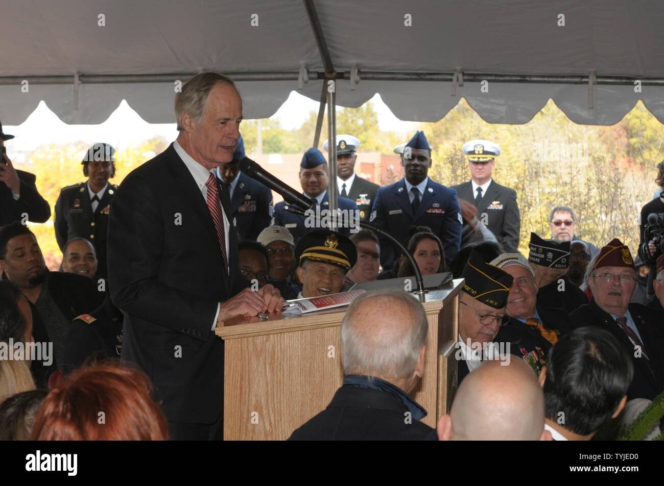 11/11/16 - Veteran's Day Event   Senator Tom Carper speaks during the Veteran's Day celebration at the Delaware Memorial Bridge as members of all services past and present honor those who have served, in Wilmington, Del. Stock Photo