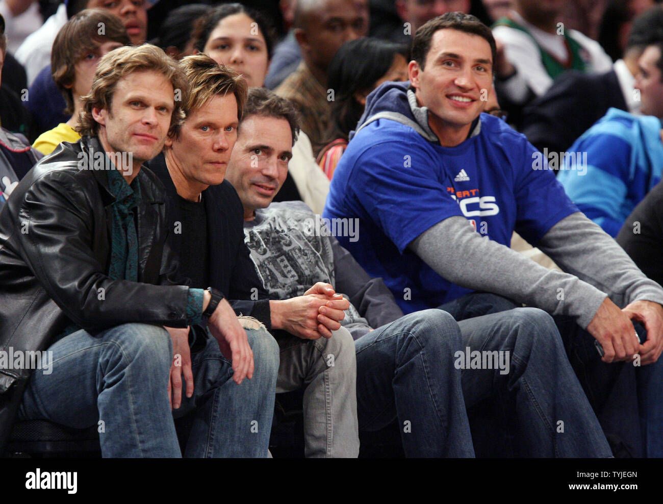 Wladimir Klitschko (R) and Kevin Bacon watch the New York Knicks play the Charlotte Bobcats at Madison Square Garden in New York City on February 27, 2008. The Knicks defeated the Bobcats 103-89.    (UPI Photo/John Angelillo) Stock Photo